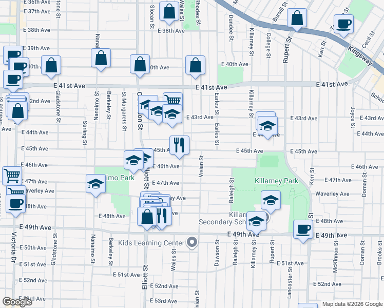 map of restaurants, bars, coffee shops, grocery stores, and more near 2718 East 45th Avenue in Vancouver