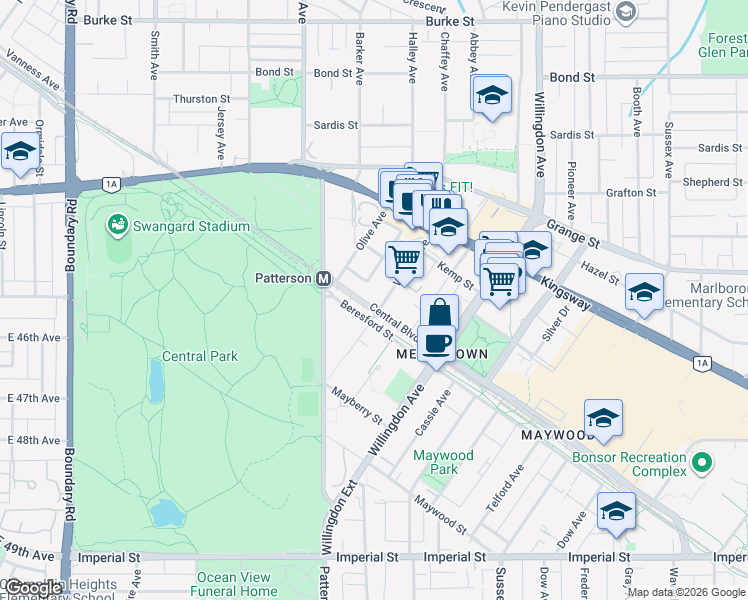 map of restaurants, bars, coffee shops, grocery stores, and more near 90 Central Boulevard in Burnaby