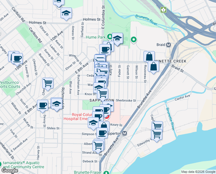 map of restaurants, bars, coffee shops, grocery stores, and more near 421 Kelly Street in New Westminster