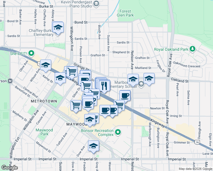 map of restaurants, bars, coffee shops, grocery stores, and more near 4711 Hazel Street in Burnaby