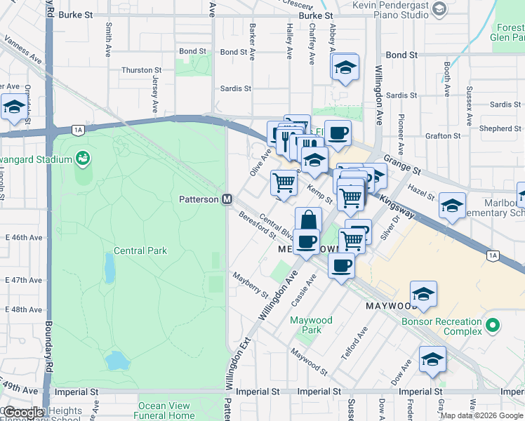 map of restaurants, bars, coffee shops, grocery stores, and more near 6087 Wilson Avenue in Burnaby