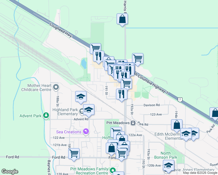 map of restaurants, bars, coffee shops, grocery stores, and more near 12464 191 Street in Pitt Meadows