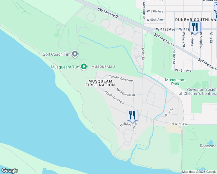 map of restaurants, bars, coffee shops, grocery stores, and more near 4264 Musqueam Drive in Vancouver