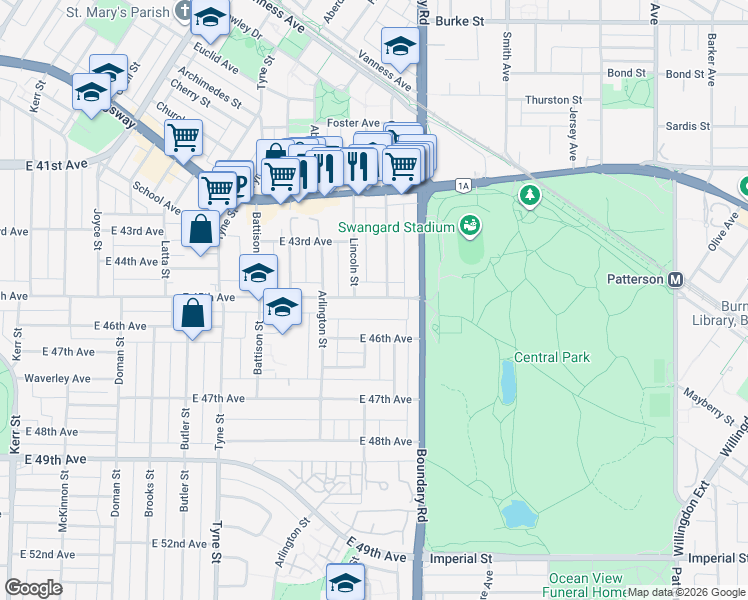 map of restaurants, bars, coffee shops, grocery stores, and more near 3628 East 45th Avenue in Vancouver
