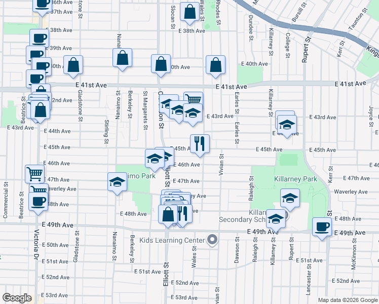 map of restaurants, bars, coffee shops, grocery stores, and more near 2662 East 45th Avenue in Vancouver