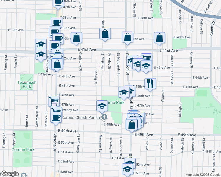 map of restaurants, bars, coffee shops, grocery stores, and more near 2386 East 45th Avenue in Vancouver