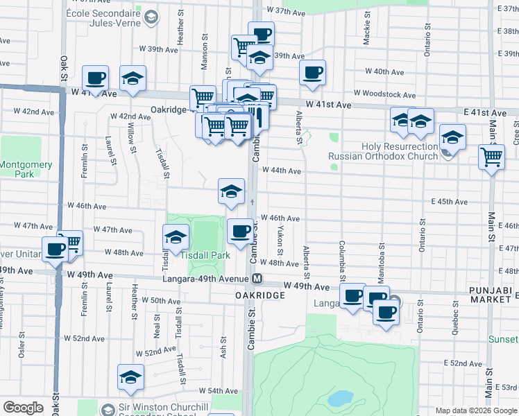 map of restaurants, bars, coffee shops, grocery stores, and more near 6190 Cambie Street in Vancouver