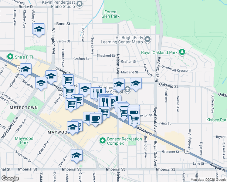 map of restaurants, bars, coffee shops, grocery stores, and more near 6055 Nelson Avenue in Burnaby