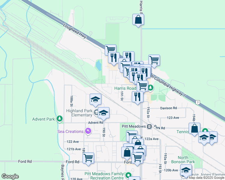 map of restaurants, bars, coffee shops, grocery stores, and more near 19034 McMyn Road in Pitt Meadows