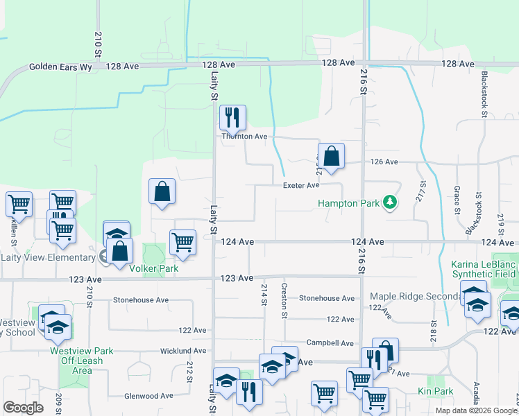 map of restaurants, bars, coffee shops, grocery stores, and more near 21350 Douglas Avenue in Maple Ridge