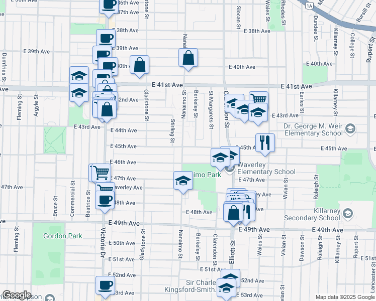 map of restaurants, bars, coffee shops, grocery stores, and more near 2326 East 45th Avenue in Vancouver