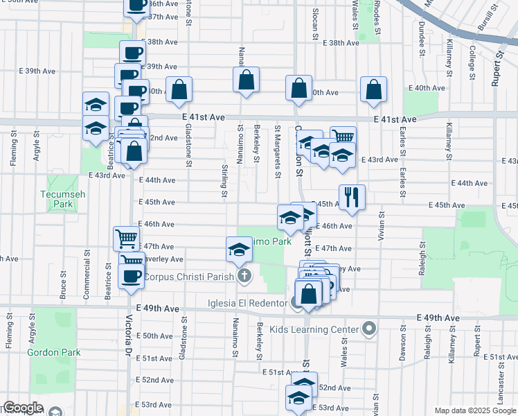 map of restaurants, bars, coffee shops, grocery stores, and more near 2386 East 45th Avenue in Vancouver