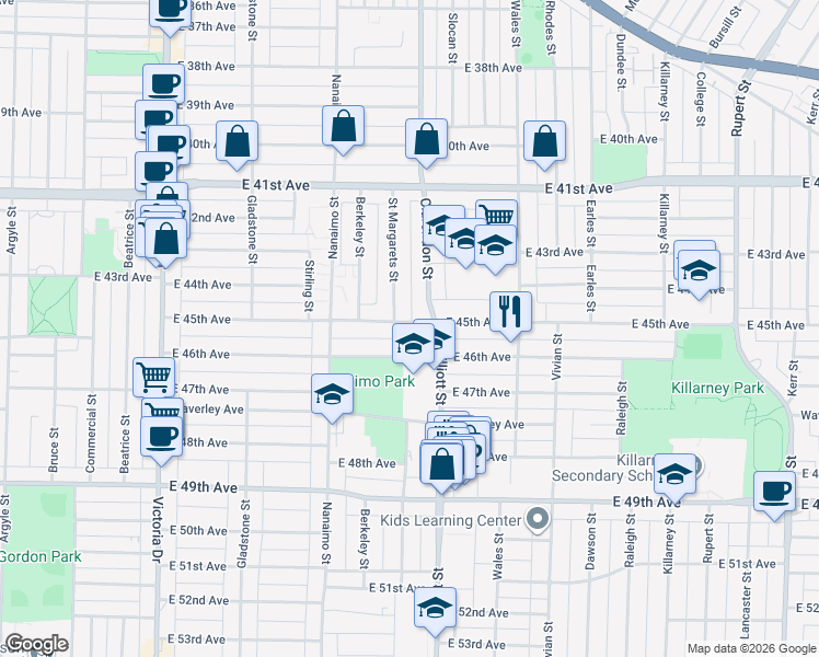 map of restaurants, bars, coffee shops, grocery stores, and more near 2506 East 45th Avenue in Vancouver
