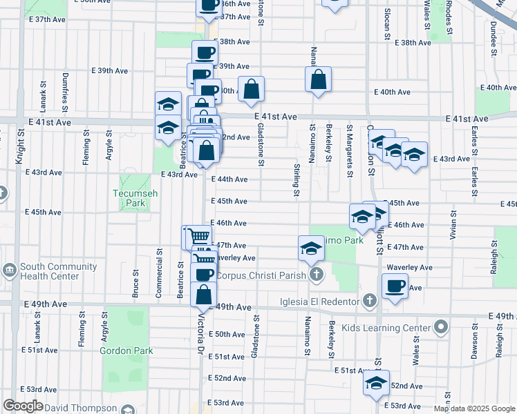 map of restaurants, bars, coffee shops, grocery stores, and more near 2182 East 45th Avenue in Vancouver