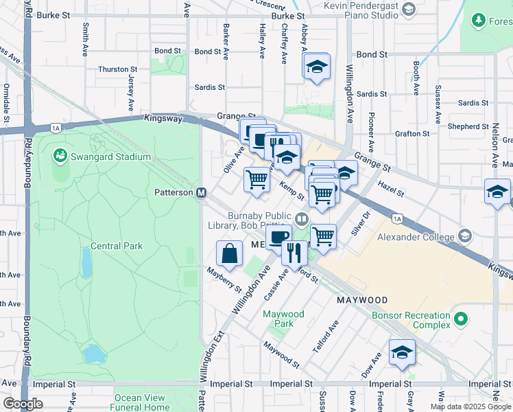 map of restaurants, bars, coffee shops, grocery stores, and more near 6081 Kathleen Avenue in Burnaby