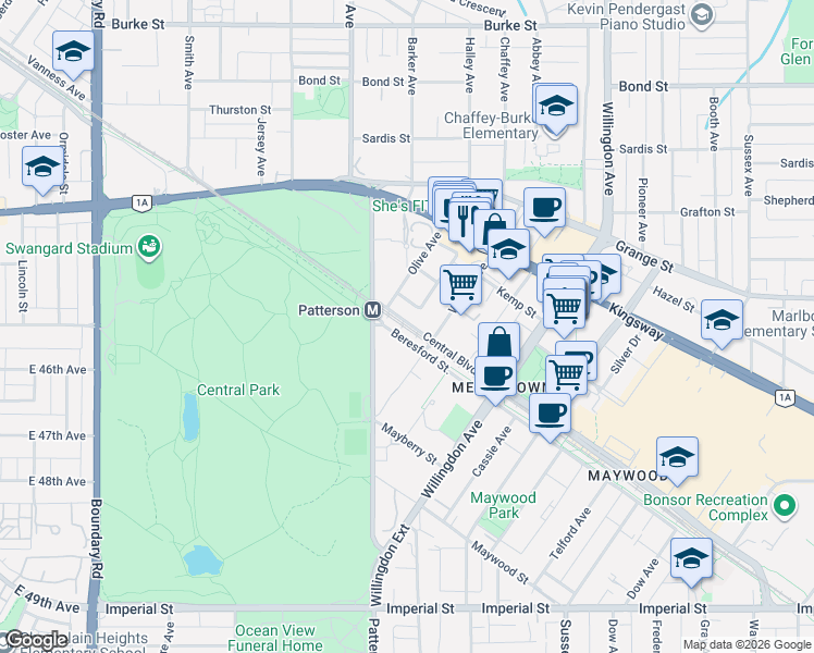 map of restaurants, bars, coffee shops, grocery stores, and more near in Burnaby
