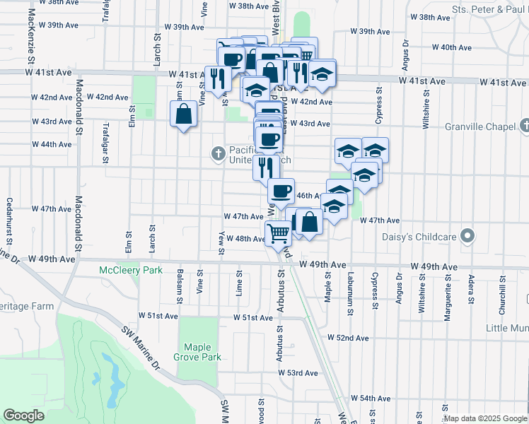 map of restaurants, bars, coffee shops, grocery stores, and more near in Vancouver