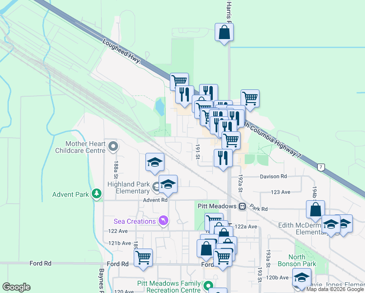 map of restaurants, bars, coffee shops, grocery stores, and more near 12394 Nikola Street in Pitt Meadows