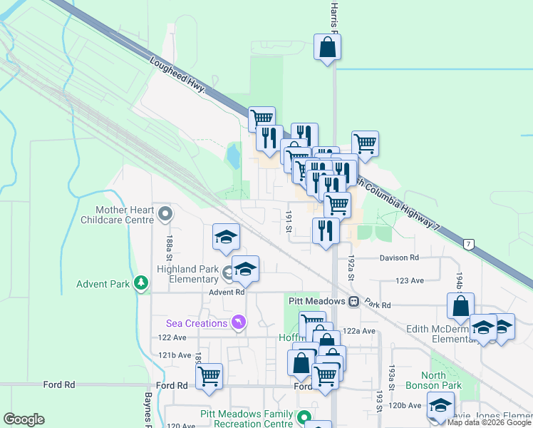 map of restaurants, bars, coffee shops, grocery stores, and more near 19034 McMyn Road in Pitt Meadows