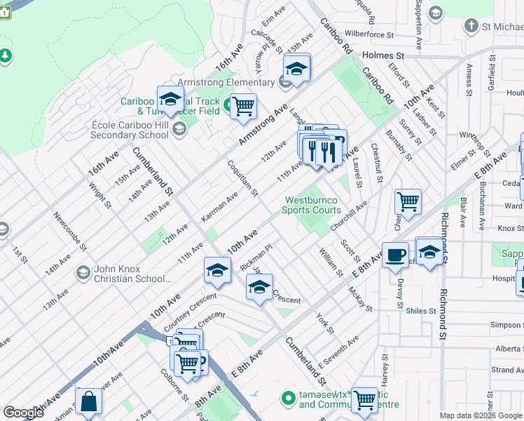 map of restaurants, bars, coffee shops, grocery stores, and more near 7877 Coquitlam Street in Burnaby