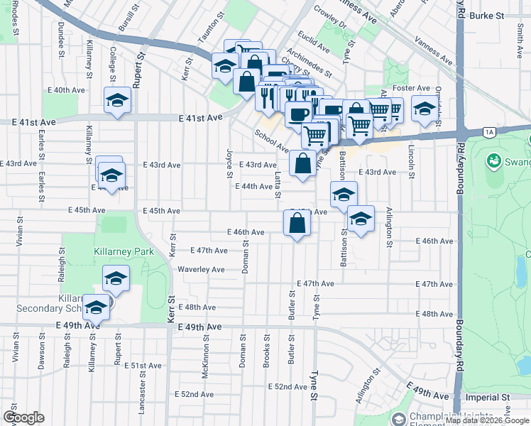 map of restaurants, bars, coffee shops, grocery stores, and more near 3274 East 45th Avenue in Vancouver