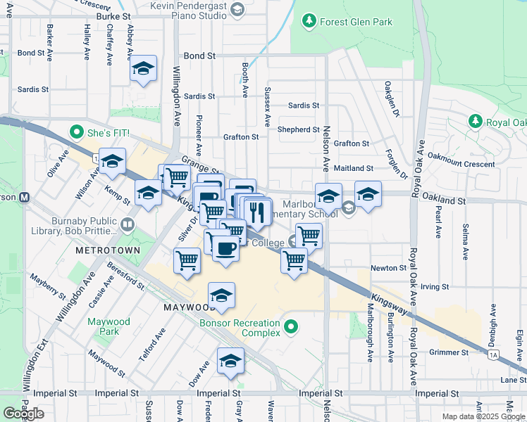 map of restaurants, bars, coffee shops, grocery stores, and more near 4711 Hazel Street in Burnaby