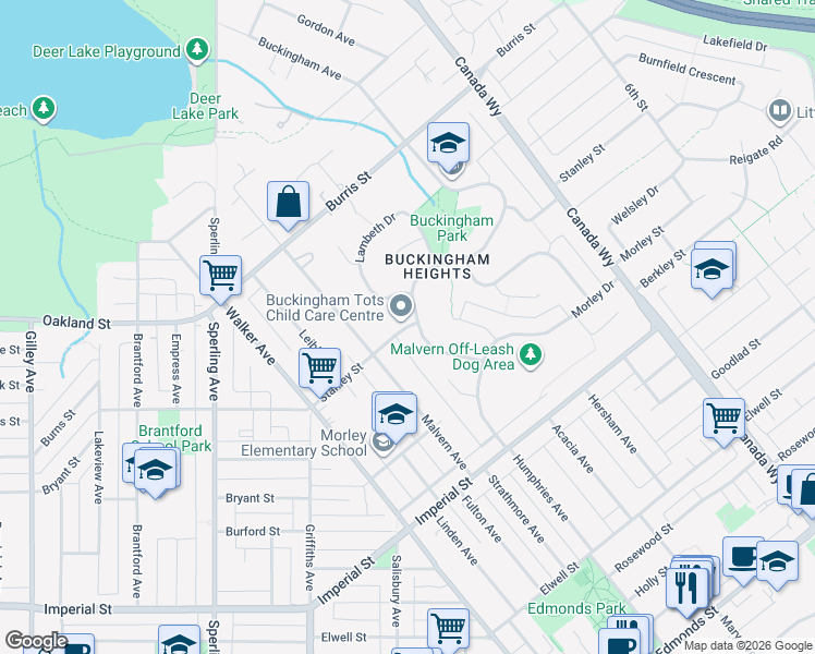 map of restaurants, bars, coffee shops, grocery stores, and more near Stanley Street in Burnaby