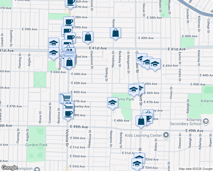 map of restaurants, bars, coffee shops, grocery stores, and more near 2284 East 45th Avenue in Vancouver