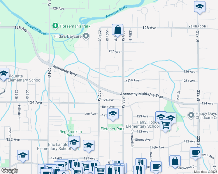 map of restaurants, bars, coffee shops, grocery stores, and more near 22749 125A Avenue in Maple Ridge