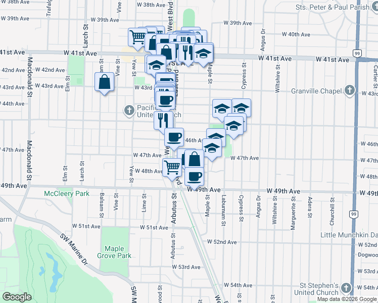 map of restaurants, bars, coffee shops, grocery stores, and more near 2063 West 47th Avenue in Vancouver