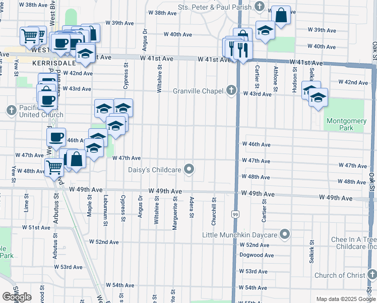 map of restaurants, bars, coffee shops, grocery stores, and more near 6261 Adera Street in Vancouver