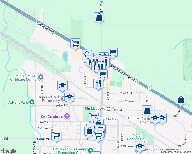 map of restaurants, bars, coffee shops, grocery stores, and more near 12466 191B Street in Pitt Meadows