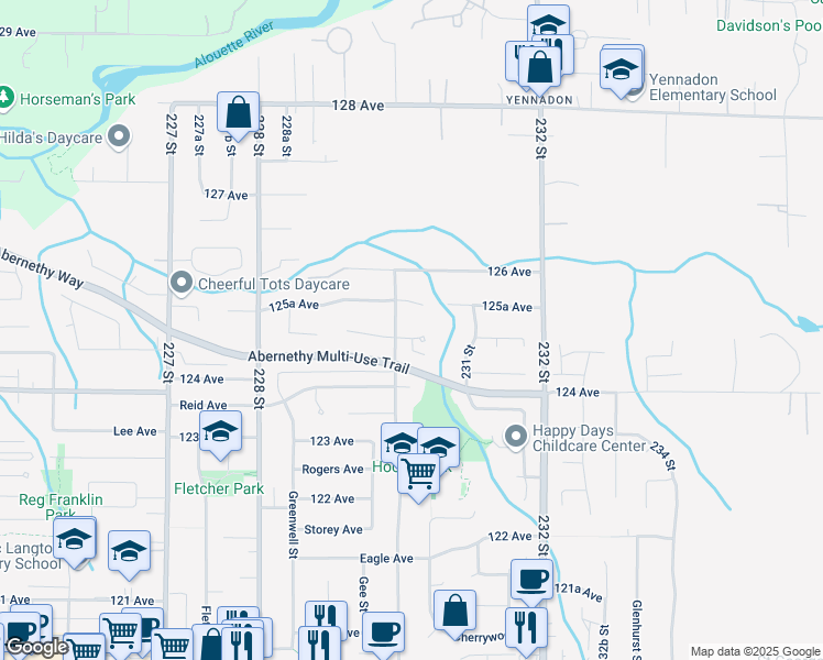 map of restaurants, bars, coffee shops, grocery stores, and more near 23015 124B Avenue in Maple Ridge