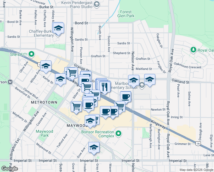 map of restaurants, bars, coffee shops, grocery stores, and more near 4711 Hazel Street in Burnaby