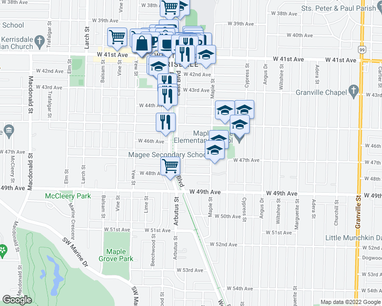 map of restaurants, bars, coffee shops, grocery stores, and more near 2063 West 47th Avenue in Vancouver