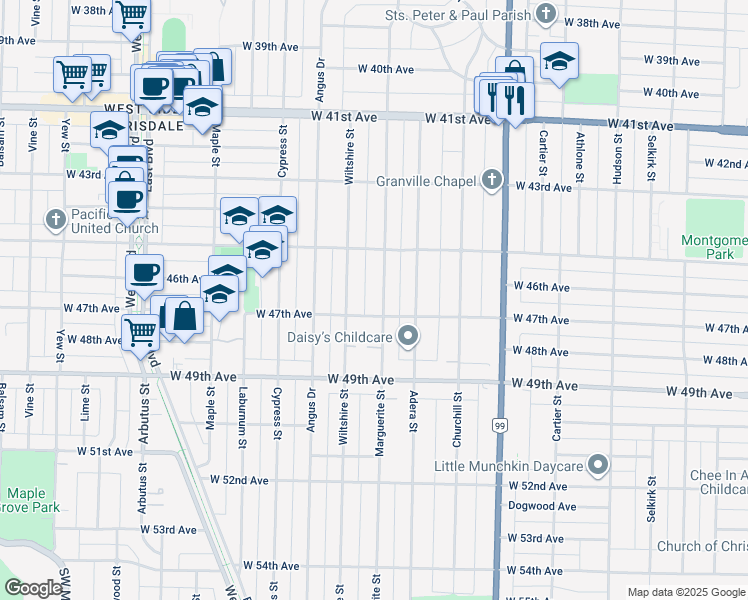 map of restaurants, bars, coffee shops, grocery stores, and more near 6261 Marguerite Street in Vancouver