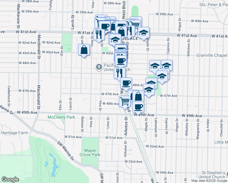 map of restaurants, bars, coffee shops, grocery stores, and more near 2129 West 47th Avenue in Vancouver