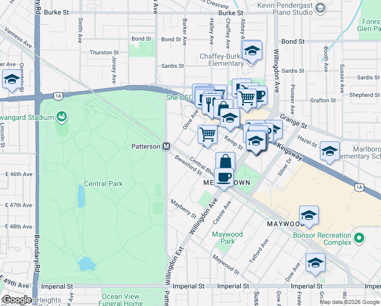 map of restaurants, bars, coffee shops, grocery stores, and more near 6087 Wilson Avenue in Burnaby