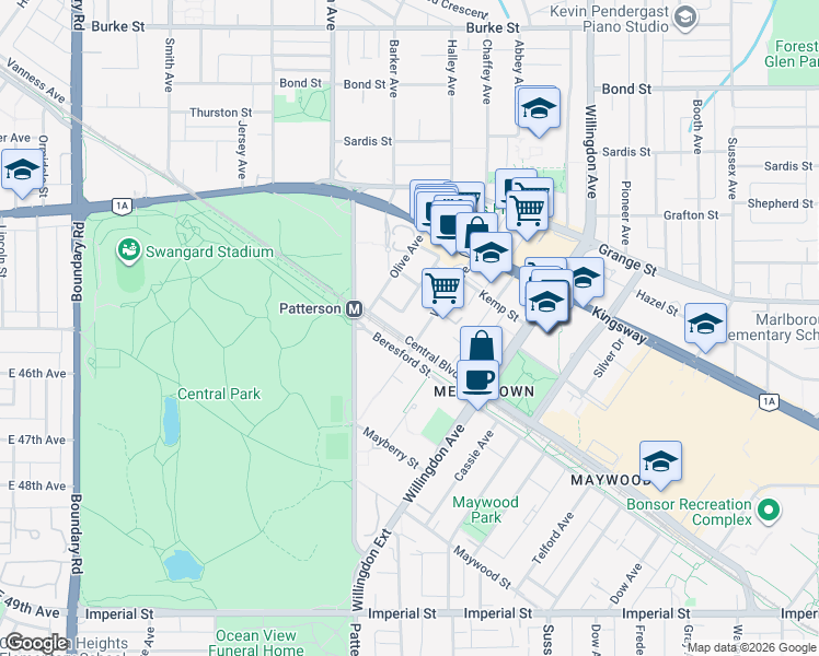 map of restaurants, bars, coffee shops, grocery stores, and more near 6087 Wilson Avenue in Burnaby