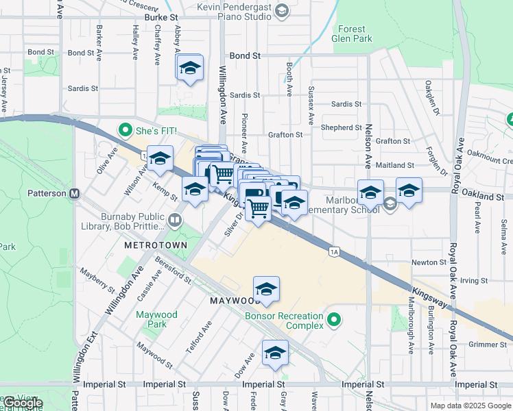 map of restaurants, bars, coffee shops, grocery stores, and more near in Burnaby