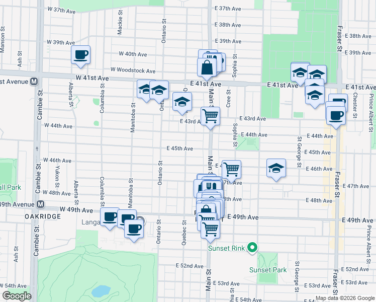 map of restaurants, bars, coffee shops, grocery stores, and more near 106 East 45th Avenue in Vancouver