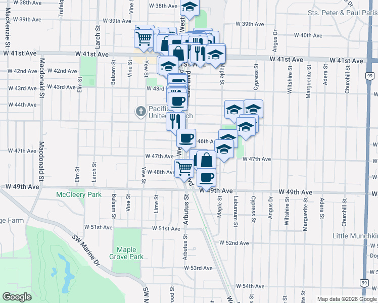 map of restaurants, bars, coffee shops, grocery stores, and more near 6272 East Boulevard in Vancouver