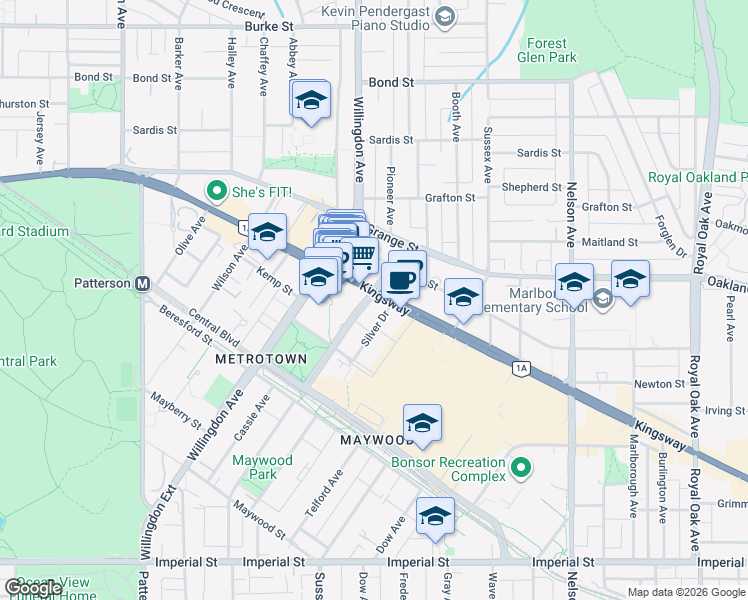 map of restaurants, bars, coffee shops, grocery stores, and more near 6000 McKay Avenue in Burnaby
