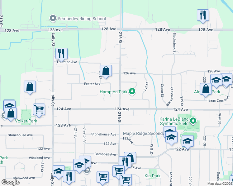 map of restaurants, bars, coffee shops, grocery stores, and more near 21598 Spring Avenue in Maple Ridge