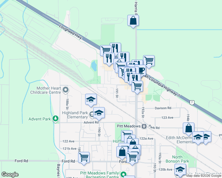 map of restaurants, bars, coffee shops, grocery stores, and more near in Pitt Meadows