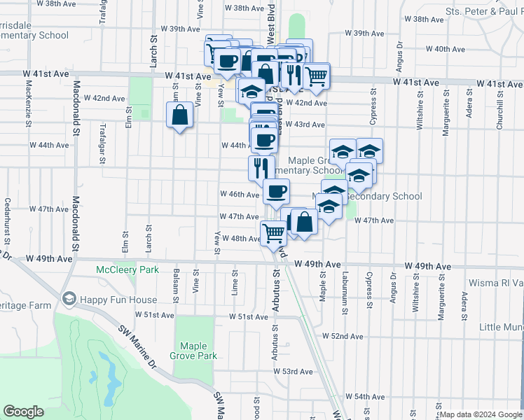map of restaurants, bars, coffee shops, grocery stores, and more near 6237 West Boulevard in Vancouver