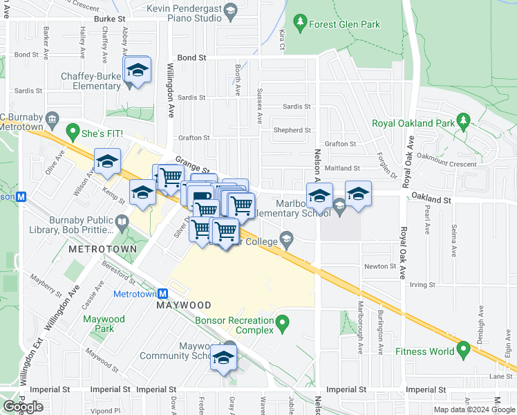 map of restaurants, bars, coffee shops, grocery stores, and more near 6025 Sussex Avenue in Burnaby