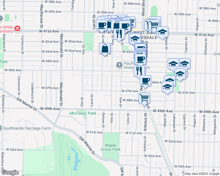 map of restaurants, bars, coffee shops, grocery stores, and more near 2307 West 47th Avenue in Vancouver