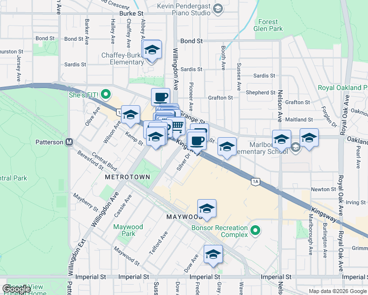 map of restaurants, bars, coffee shops, grocery stores, and more near 6000 McKay Avenue in Burnaby