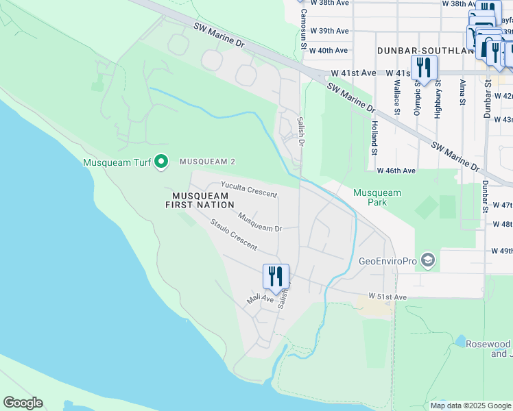map of restaurants, bars, coffee shops, grocery stores, and more near 4187 Musqueam Close in Vancouver